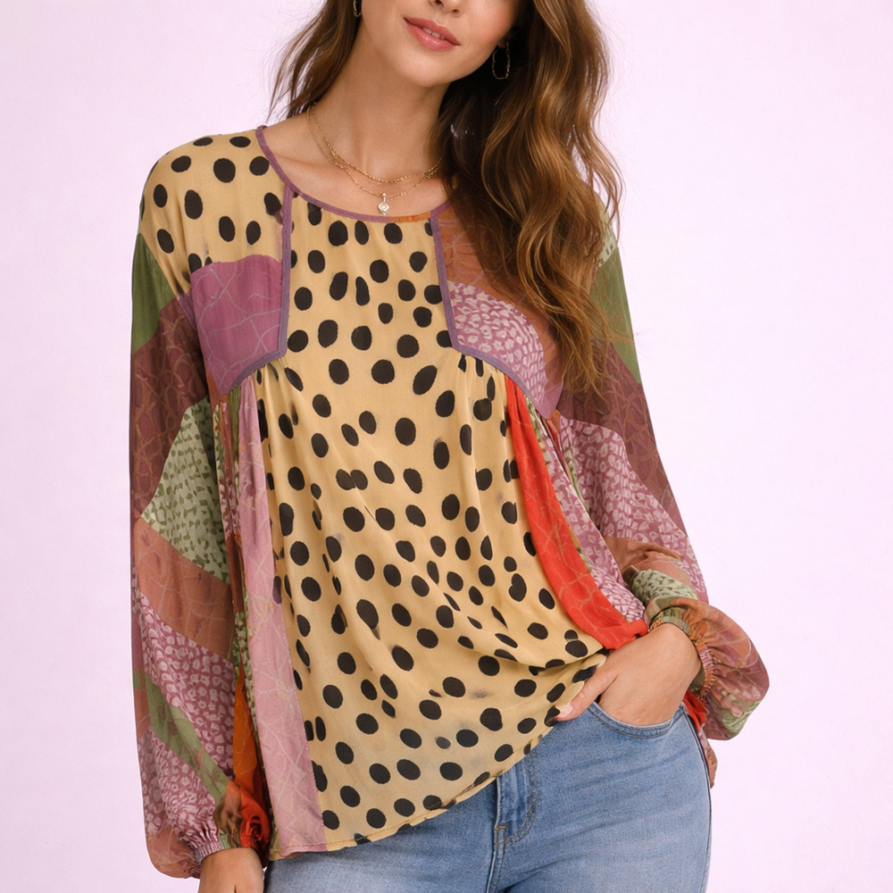 Boho Patchwork Polka Dot Long Sleeve Top - Multicolor